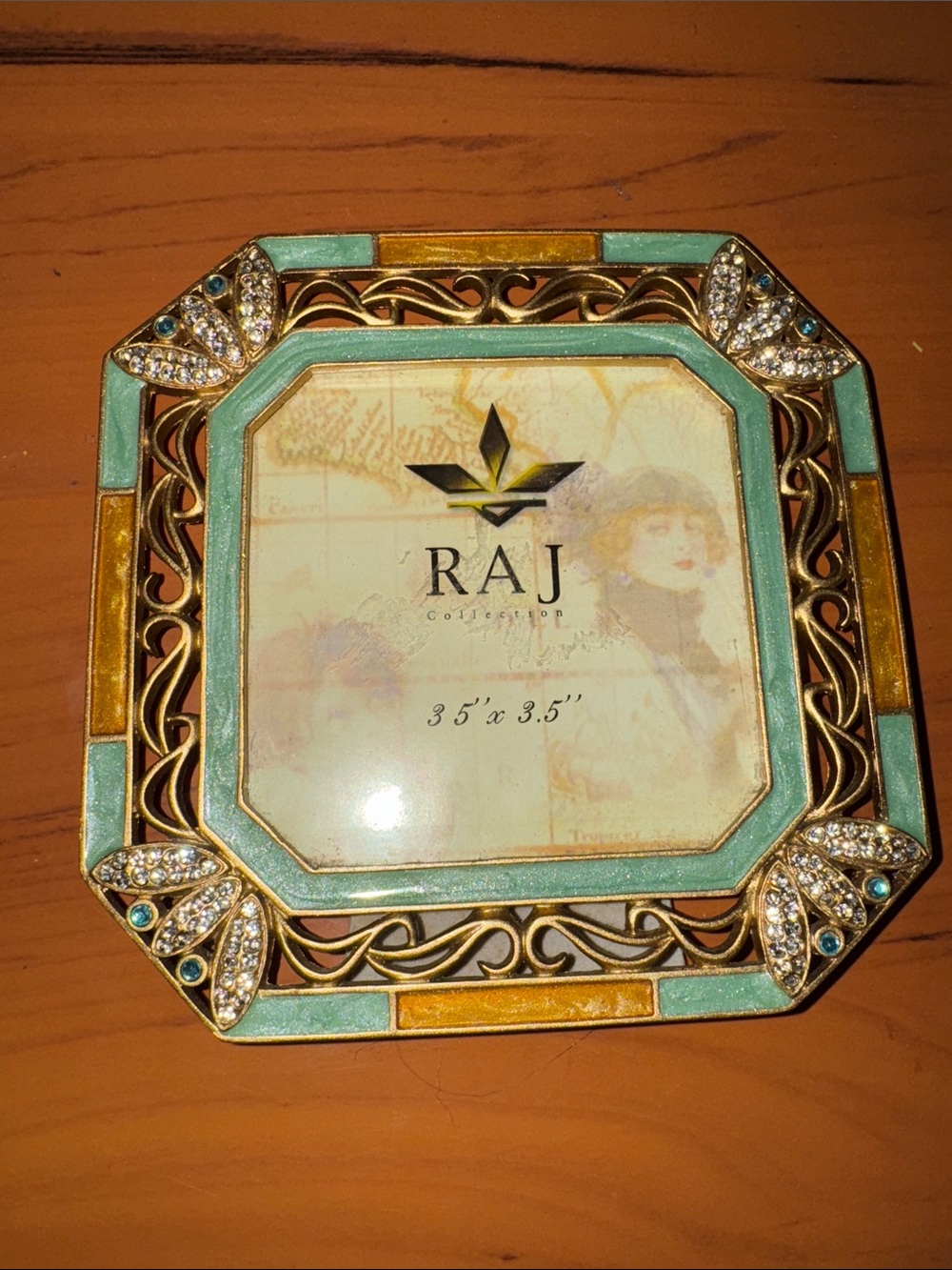 Antique Gold Finish Inlaid Shell Jeweled & Green Enameled Photo Frame 3.5 x 5.5”